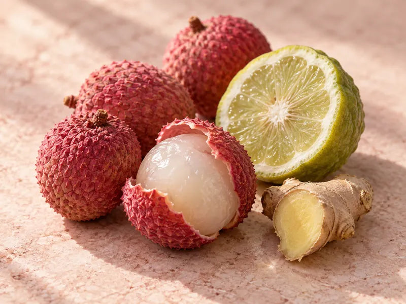 Lichi, bergamota y jengibre sobre una superficie clara.