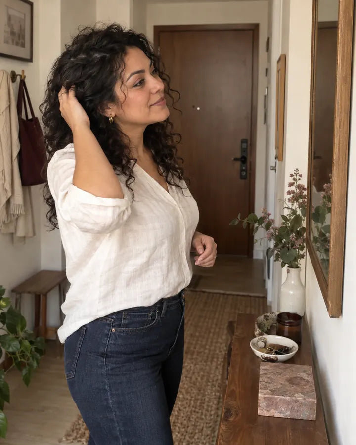 Mujer adulta lista para salir de casa en un día cotidiano.