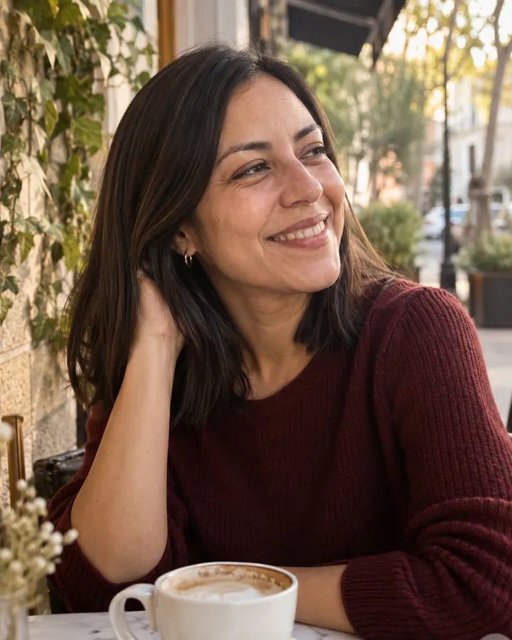 Mujer adulta disfrutando una tarde de café.